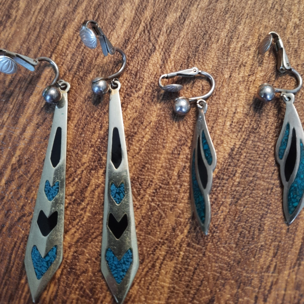 2 pair Boho Sterling Silver Alpaca Clip on Earrings.